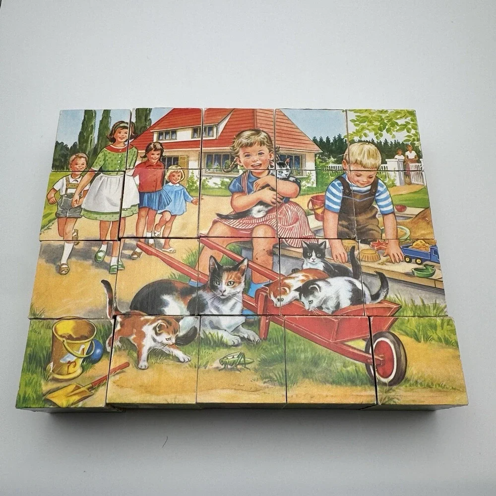 Vtg 20 Cube Puzzle Block Set 4 Sided West Germany ~ Cat Horse Cow Children Dogs